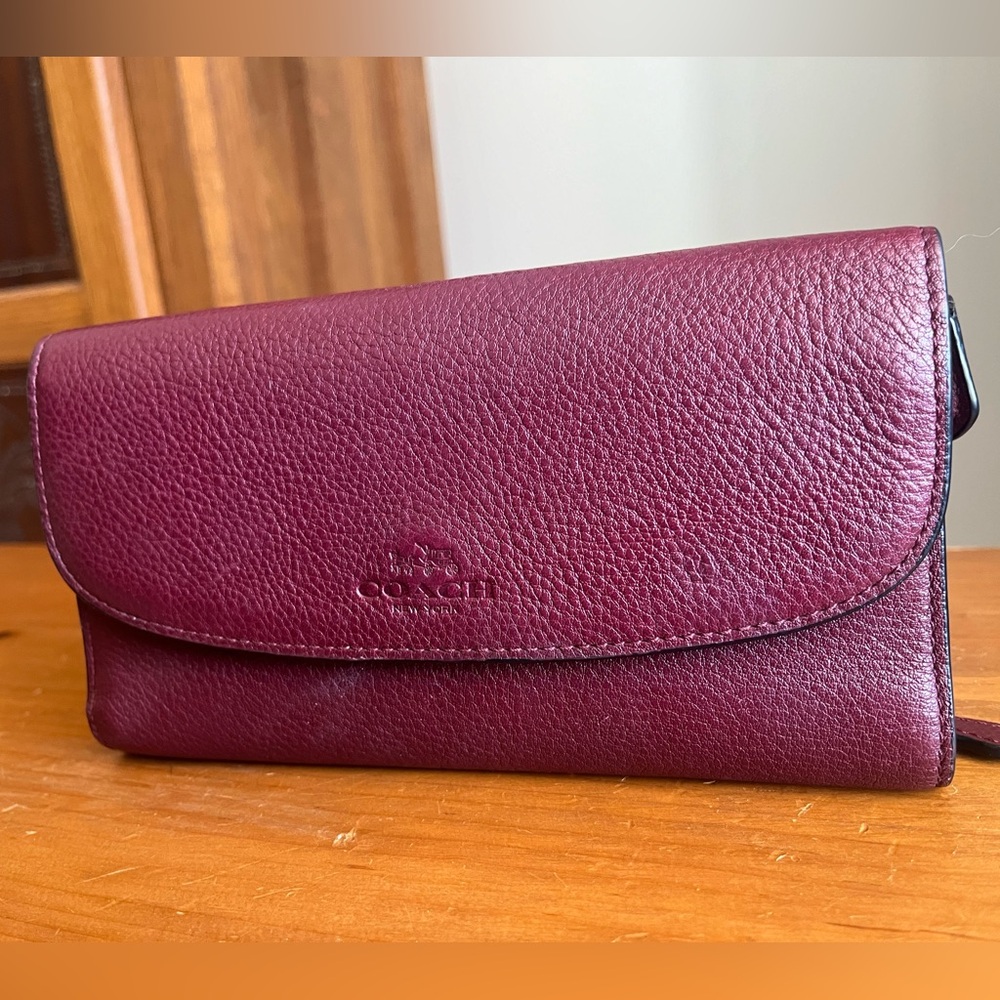 Coach Large Plum Maroon Wallet Brushed Pebble